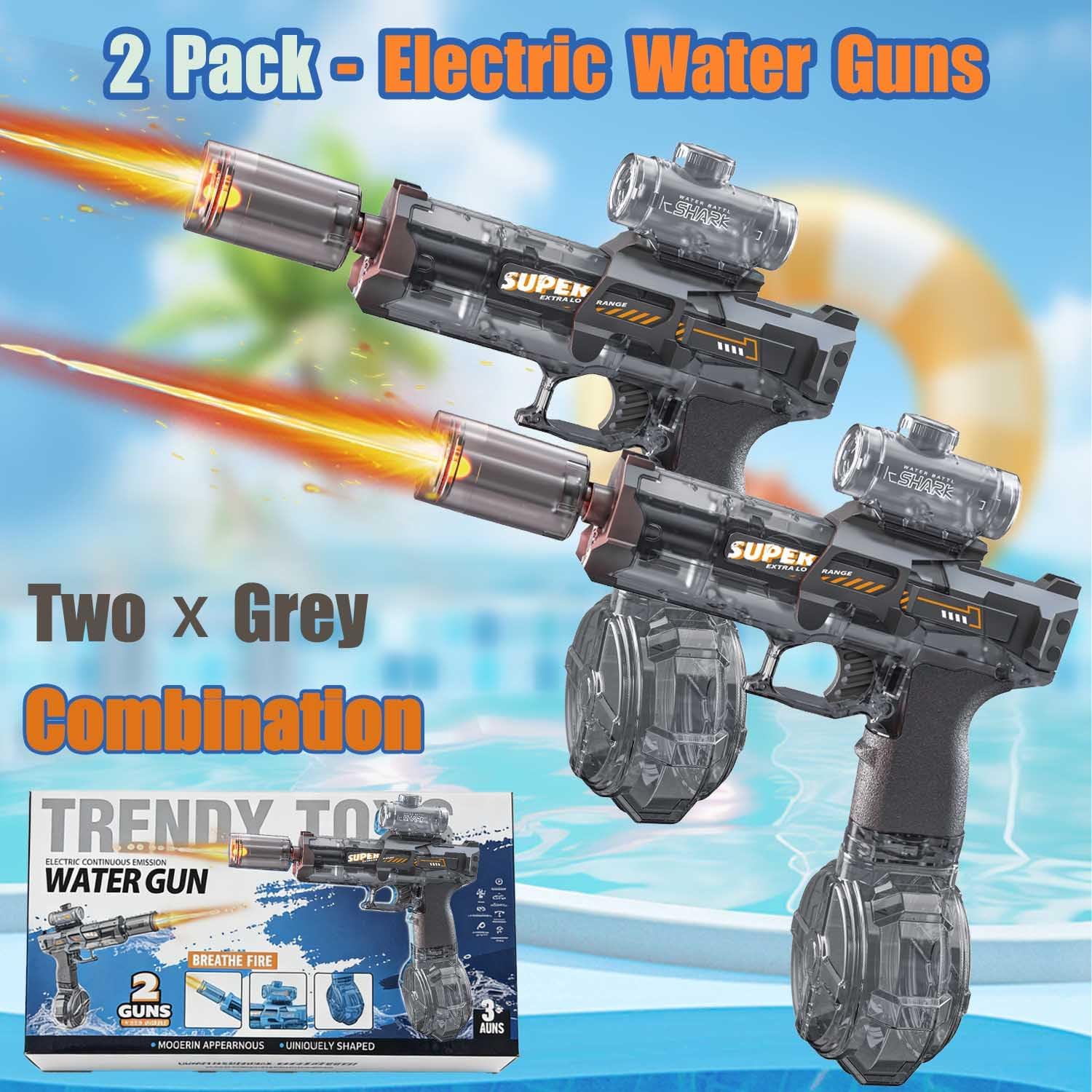 Detalle de 2-Pack Electric Water Guns for Adults and Kids with LED Lights – Ultra Long Range, 320cc Capacity (Grey + Blue)
