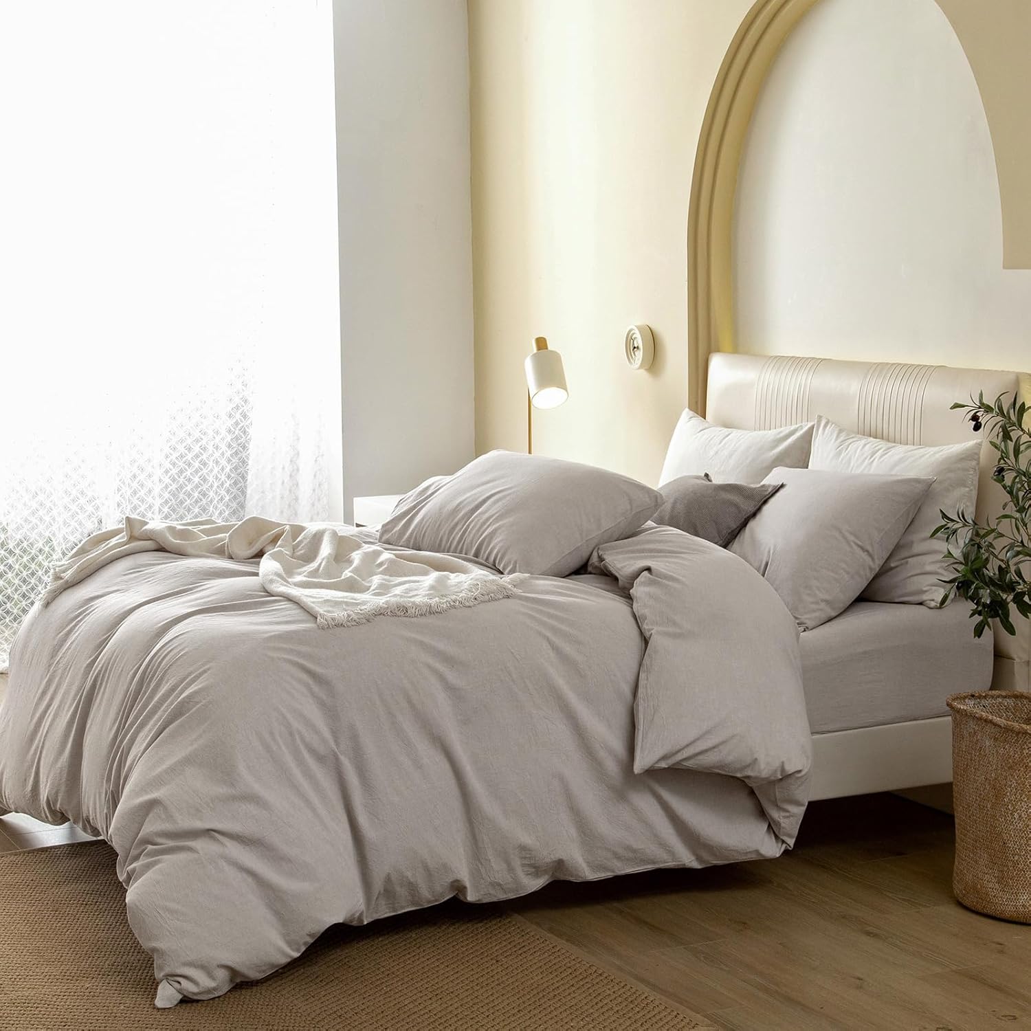 Thumbnail 2 de JIYUAN Alaska King Duvet Cover Set (3-Piece) in Heathered Cream Grey — 100% Washed Cotton, Hidden Zipper