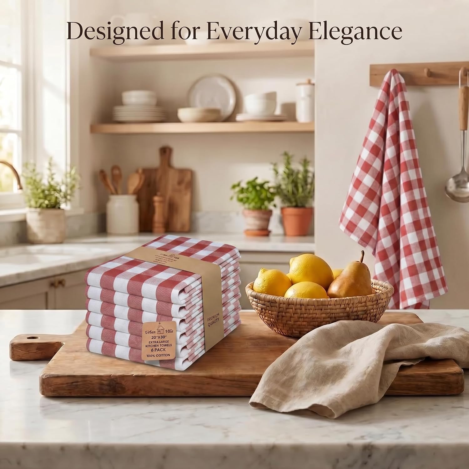 Detalle de Urban Villa Buffalo Checks Rust Kitchen Towels Set of 6 (20x30) — 100% Cotton, Mitered Corners