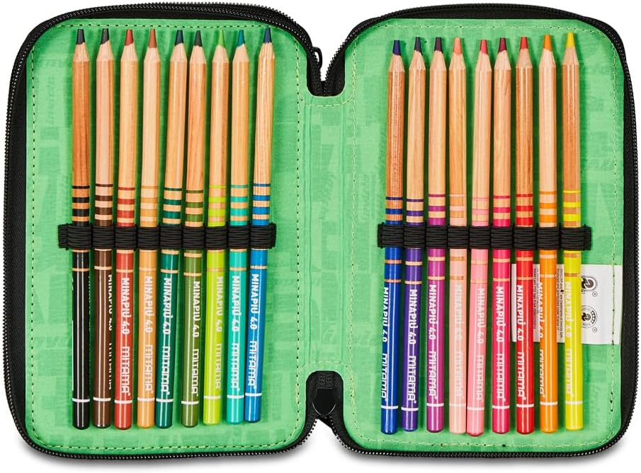 Detalle de Invicta Trousse d’école 3 Zip Triple compartiment noir et vert – avec stylos, crayons et marqueurs