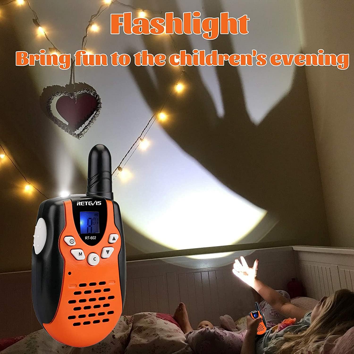 Detalle de Retevis RT602: Walkie Talkie per bambini ricaricabile con torcia, VOX e 8 canali (2 pezzi, arancione)