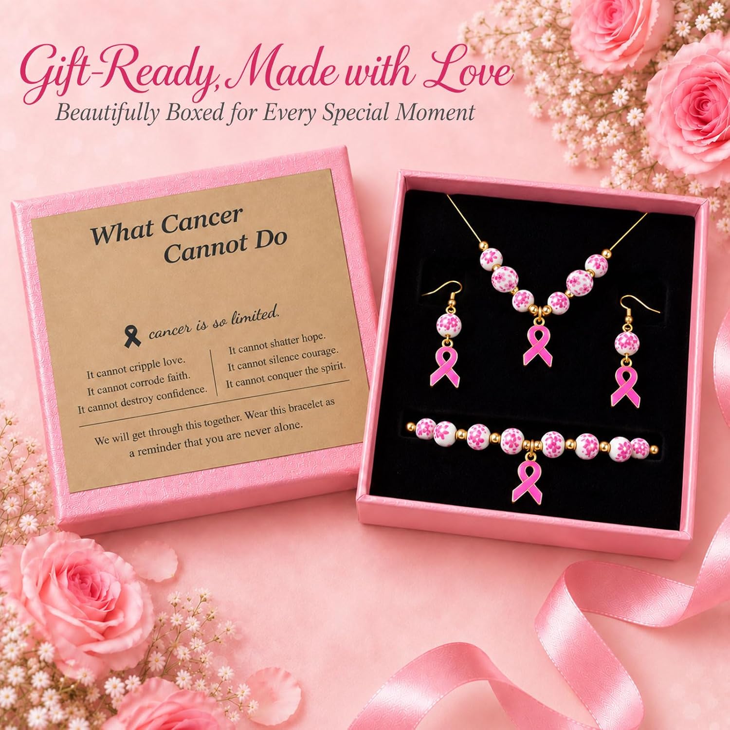 Detalle de Breast Cancer Awareness Bracelet with Ceramic Beads