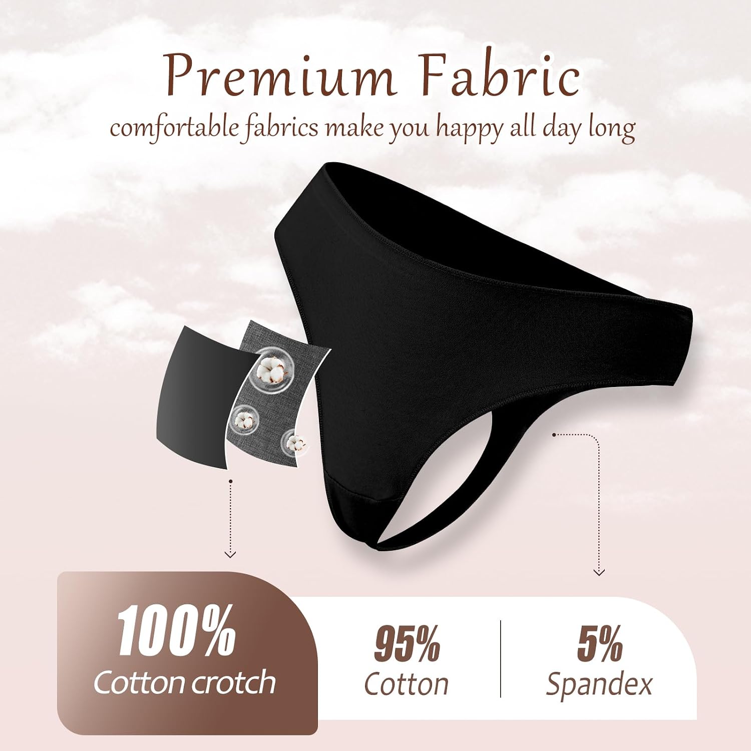 Detalle de READY TO LOVE Women's Low-Rise Cotton Thongs, 95% Cotton, Breathable