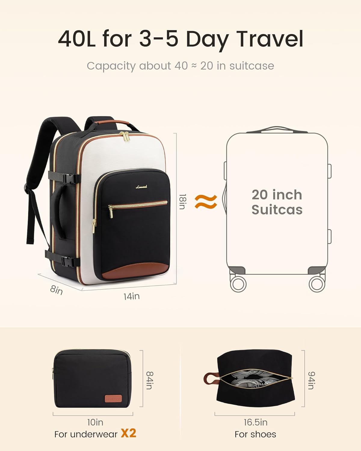 Detalle de LOVEVOOK 40L Travel Backpack for Women & Men — Airline-Approved Carry-On with 3 Packing Cubes