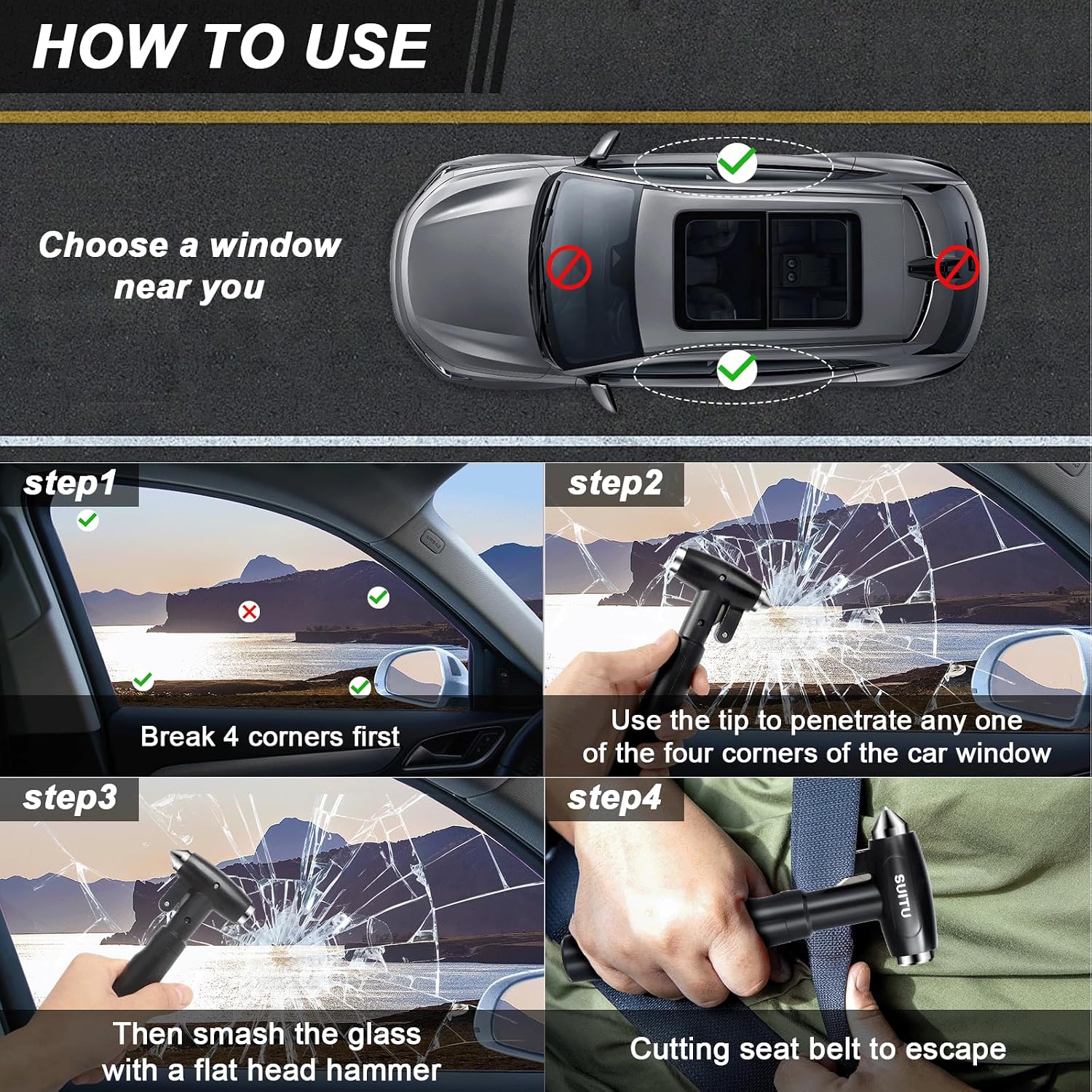 Thumbnail 3 de Car Window Breaker, 3-in-1 Emergency Glass Breaker & Seatbelt Cutter — Aluminum Alloy Car Escape Tool (Black)
