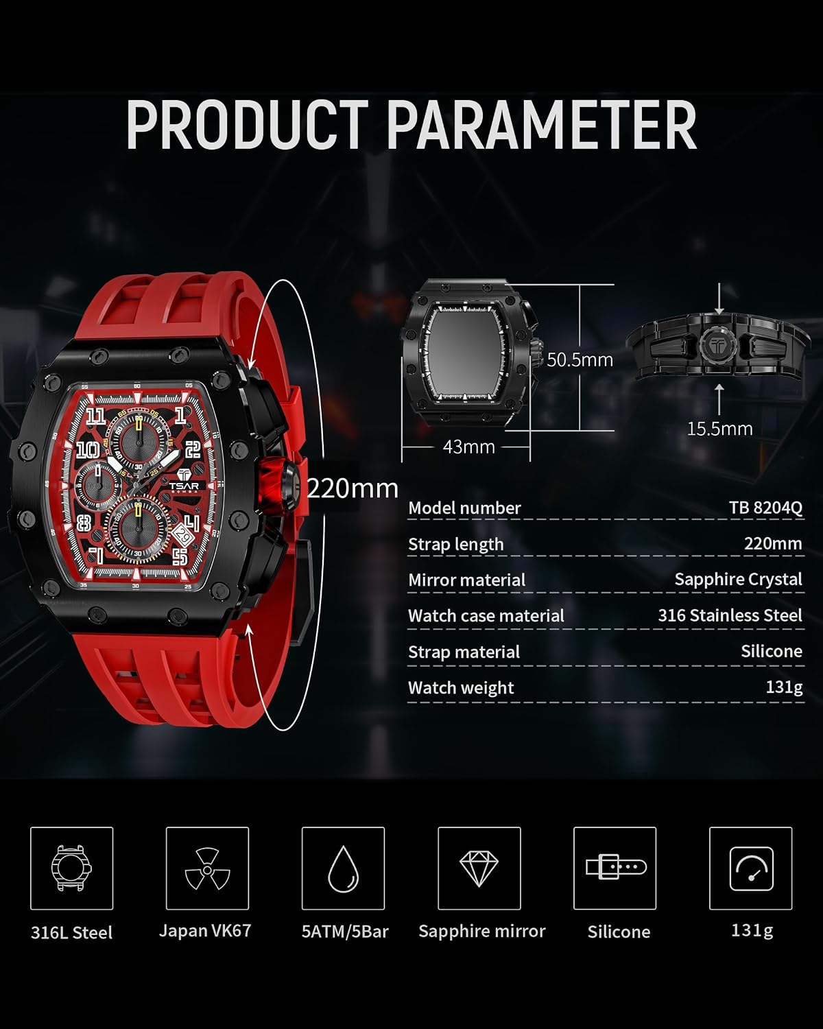 Detalle 2 de TSAR BOMBA Montre de luxe pour homme à quartz japonais, étanche 50 m, affichage de la date