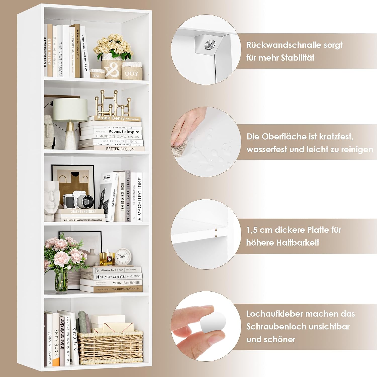Detalle 2 de FirFurd P712 5-Tier Bookcase, White, with Adjustable Shelves