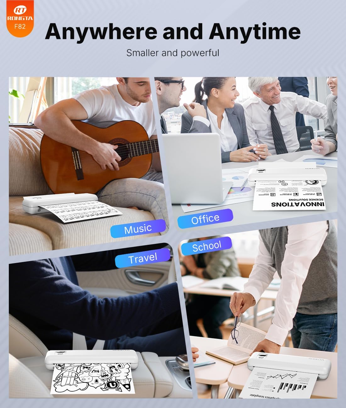 Thumbnail 5 de Rongta F82 Portable Wireless Thermal Printer (Inkless) for Travel, A4, Bluetooth & USB — White