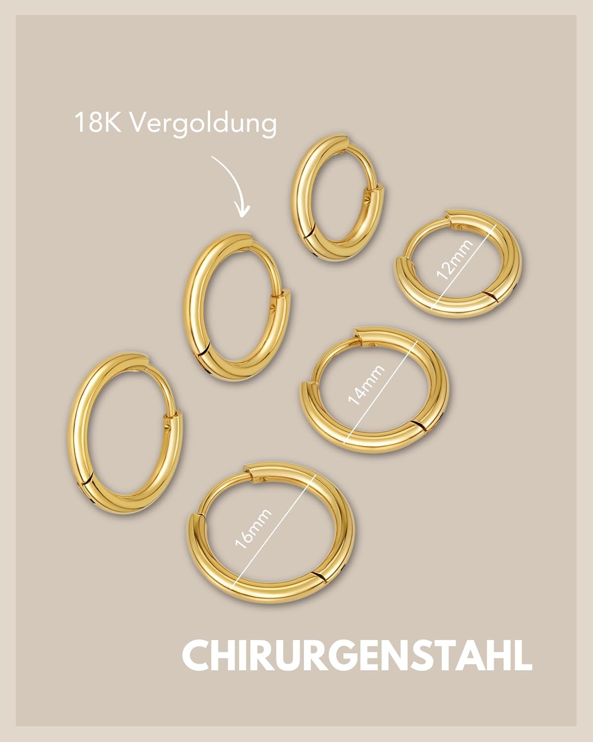 Detalle de Creolen Edelstahl Damen – 3 Paar kleine Kreolen 12/14/16 mm | Chirurgenstahl 18K Gold, Roségold oder Silber
