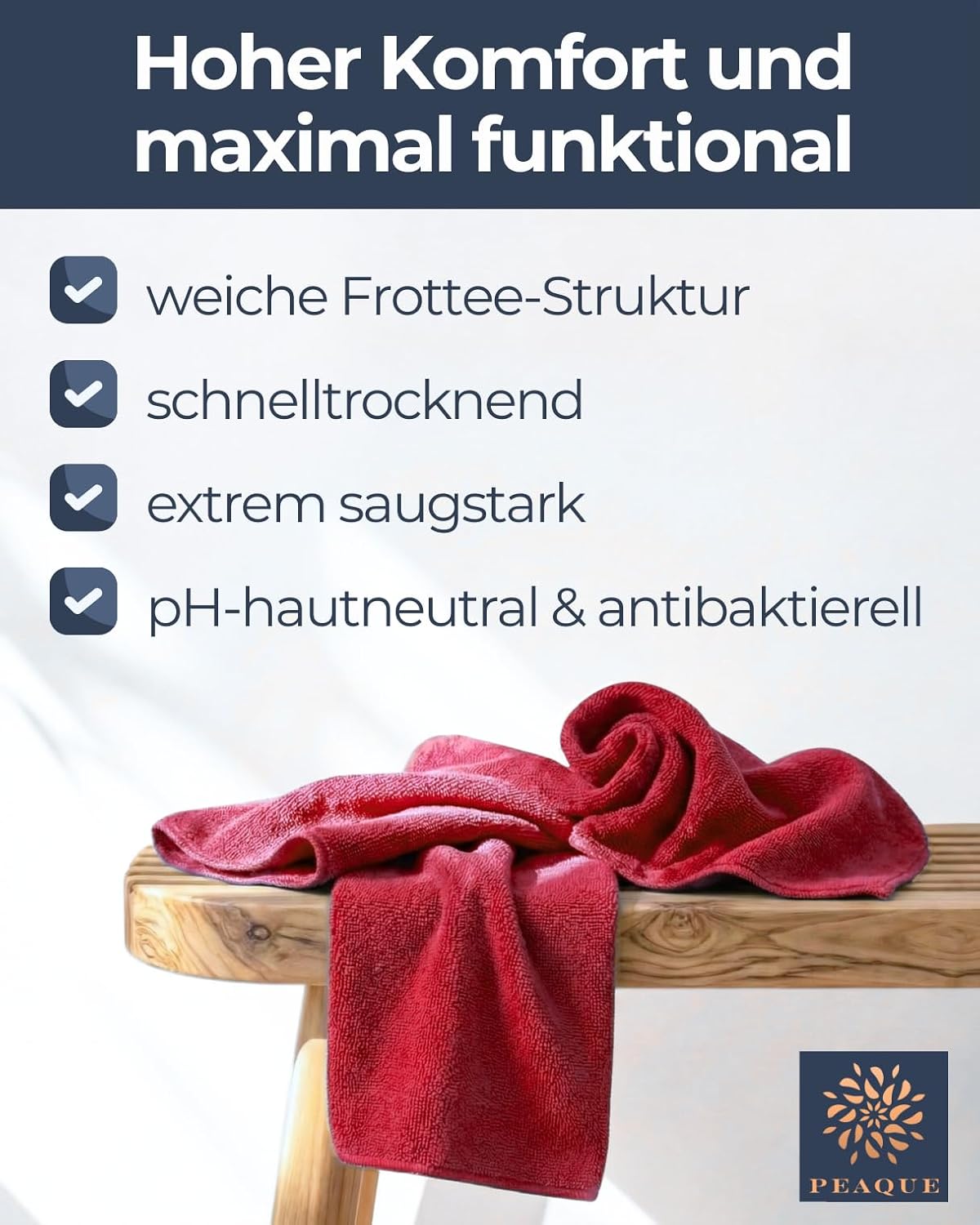 Detalle de PEAQUE Mikrofaser-Handtuch mit Frottee-Struktur – schnelltrocknend, saugstark und kompakt
