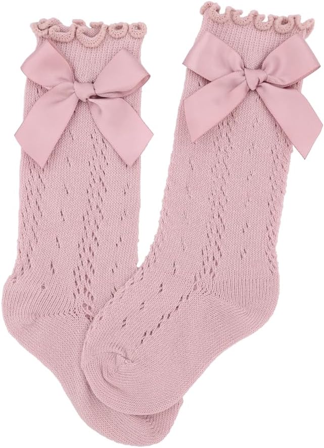 Sugarmelon Baby Girls Ruffle Sock with Bows – Mesh Knee-High Stockings