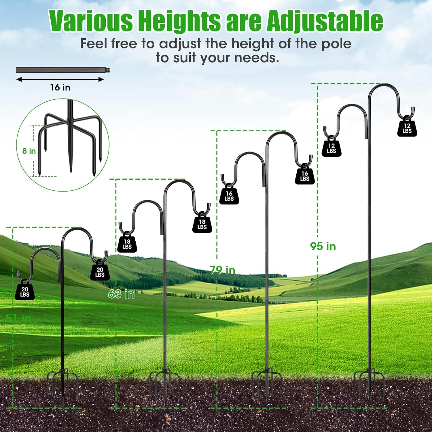 Detalle de MIUVIBENI AE-SGMYG-79-2 79-Inch Double Shepherd’s Hook with 5-Prong Base