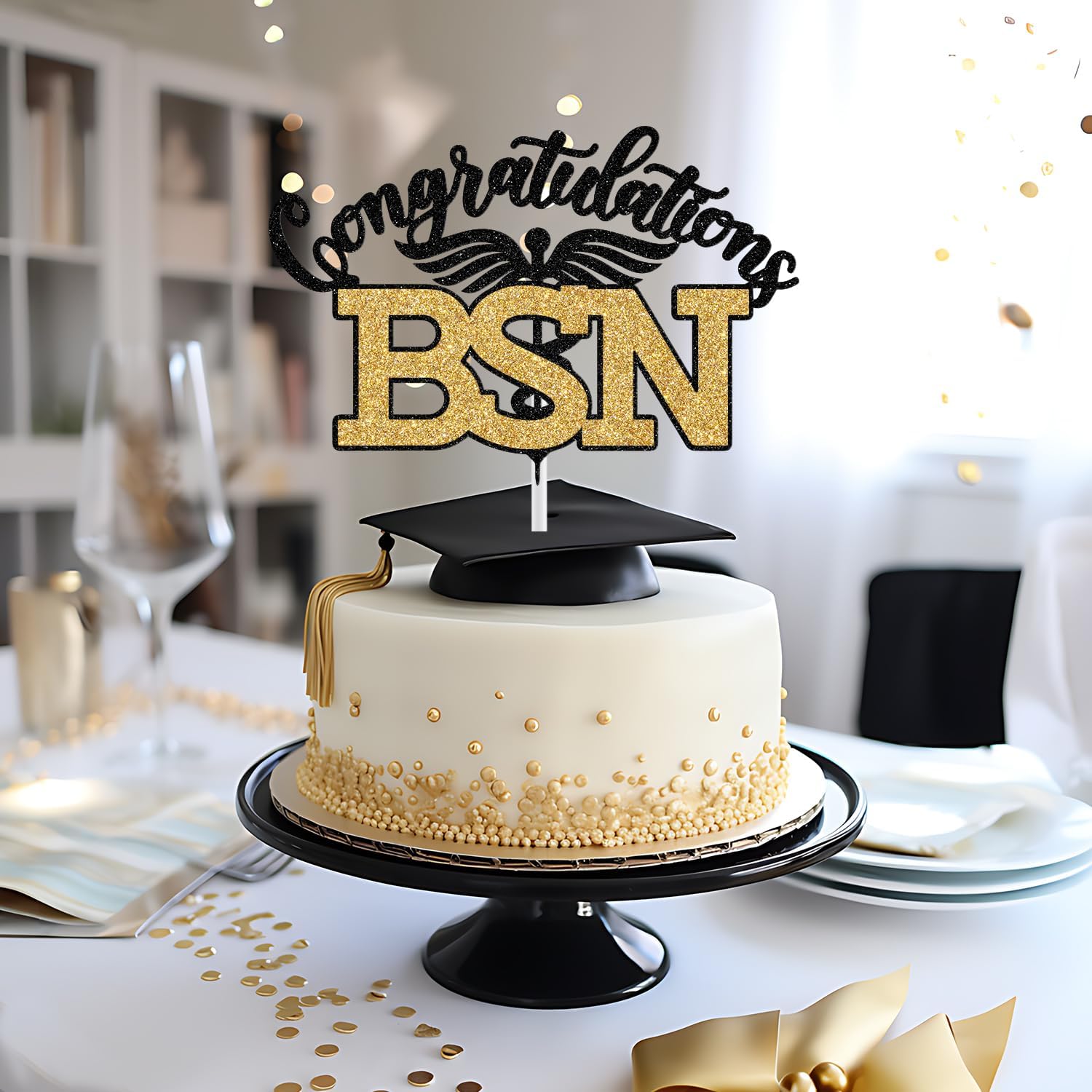 Thumbnail 5 de BSN Graduation Cake Topper, Black and Gold Glitter