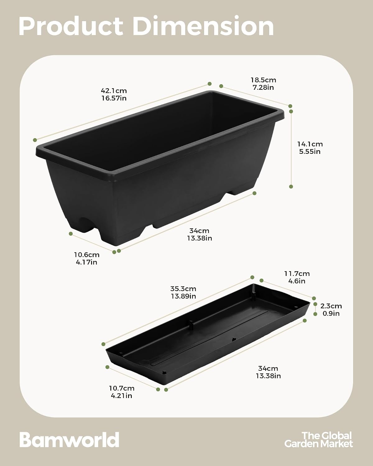 Detalle de Bamworld Set di 7 Fioriere da Finestra Rettangolari 42 cm con Foro di Drenaggio e Sottovaso