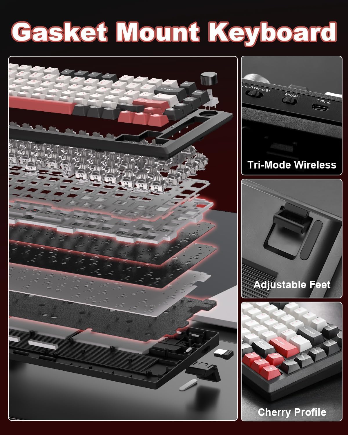 Detalle de MIKIBY Y75 Wireless Mechanical Keyboard: 75%, Hot-Swappable, with Knob, RGB, and Tri-Mode Connectivity