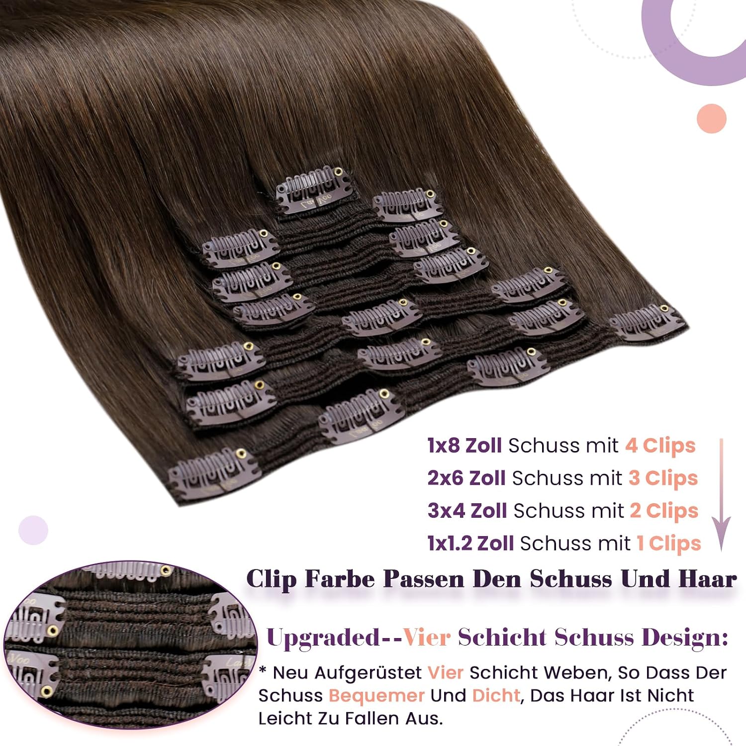 Detalle de LaaVoo Clip-in Echthaar Extensions 60 cm, 150 g, Braun #4 – 7-teilige Tressen