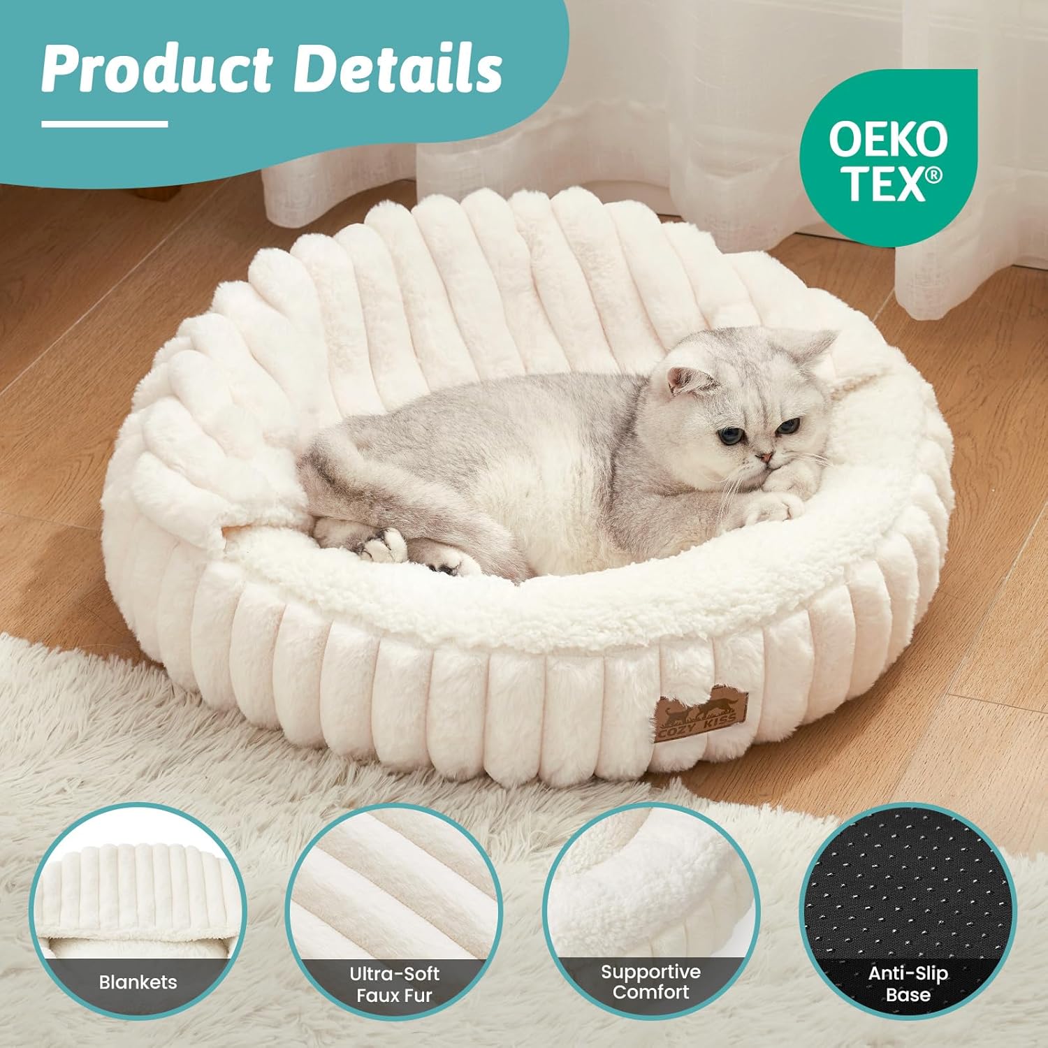 Thumbnail 3 de COZY KISS Cat Bed with Blanket 58x58x15cm – Small Indoor Hideaway for Cats