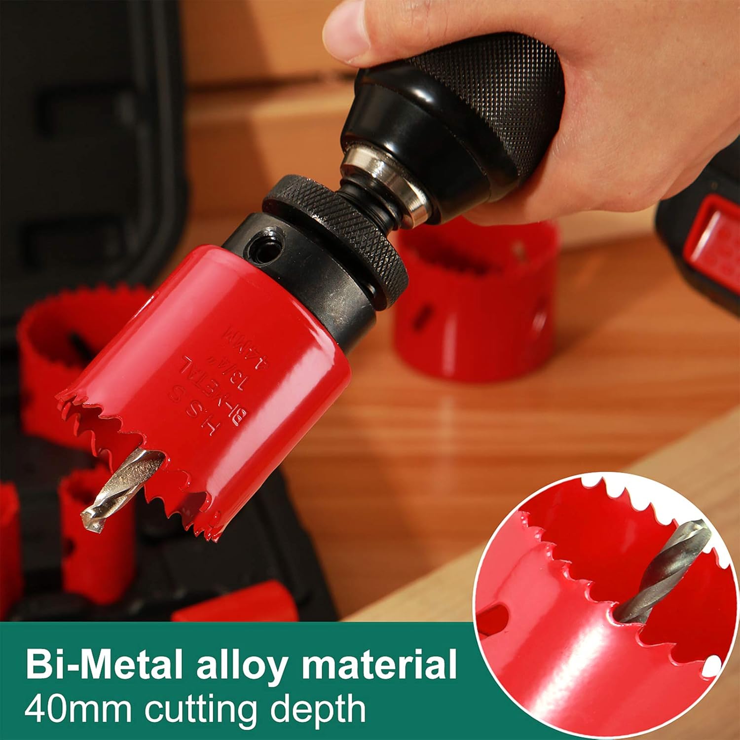 Detalle de HYCHIKA Bi-Metal Hole Saw Set (17 pcs) for drilling soft metal, wood and PVC board — 19mm to 68mm, 40mm depth