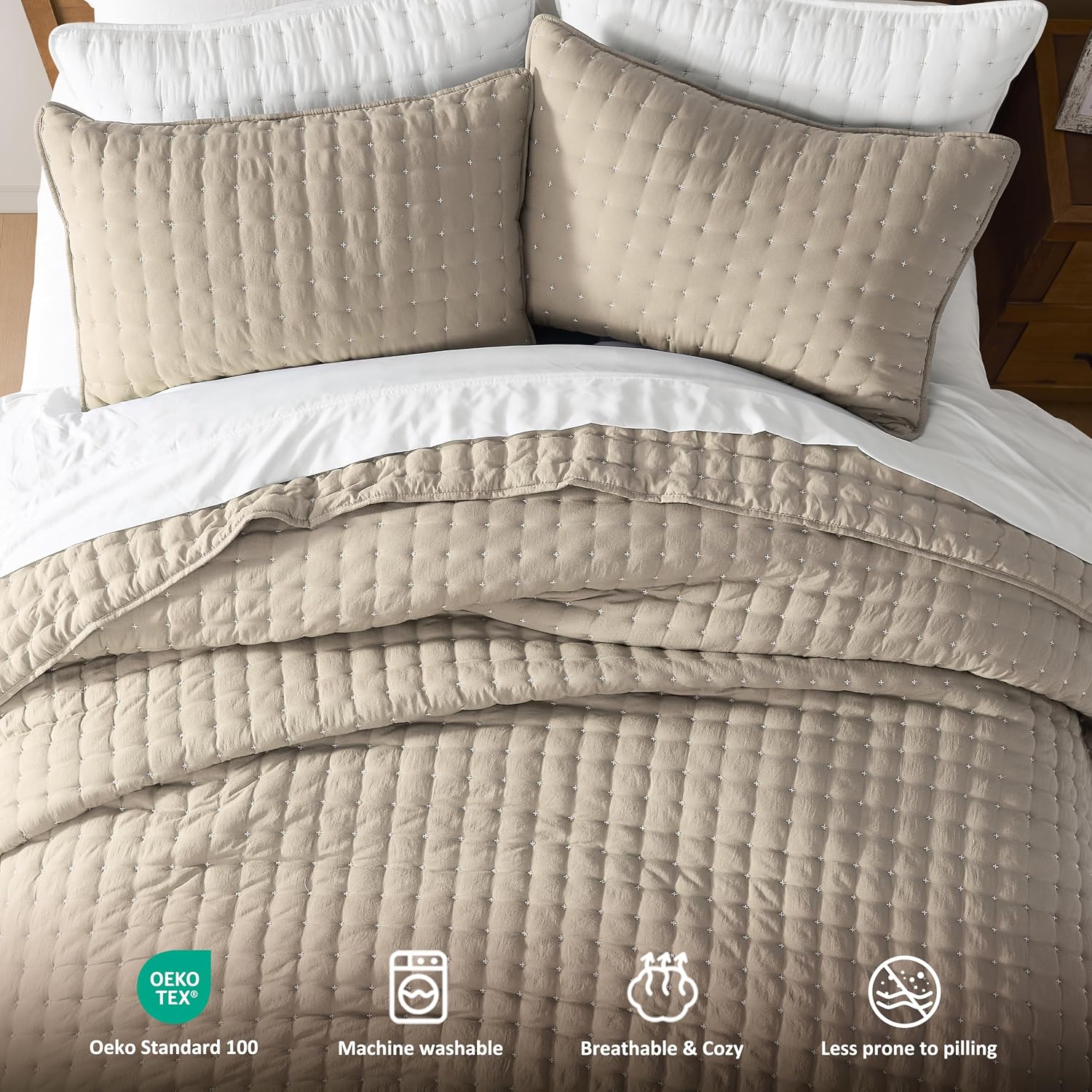 Thumbnail 6 de WDCOZY Beige California King Quilt Bedding Set with Pillow Shams (3 Pieces)