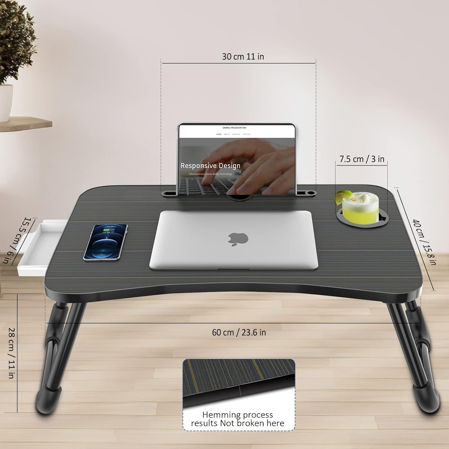 Thumbnail 5 de Zapuno Foldable Laptop Bed Table with Storage Drawer, Cup Holder & Phone/Tablet Slot (Arc Shape)