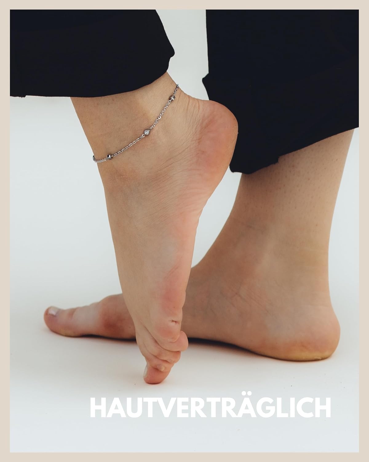 Detalle de Gd. GOOD.designs EST. 2015 Zirkonia-Fußkette für Damen – wasserfest, verstellbar (22–27 cm), Edelstahl 18K Gold & Silber