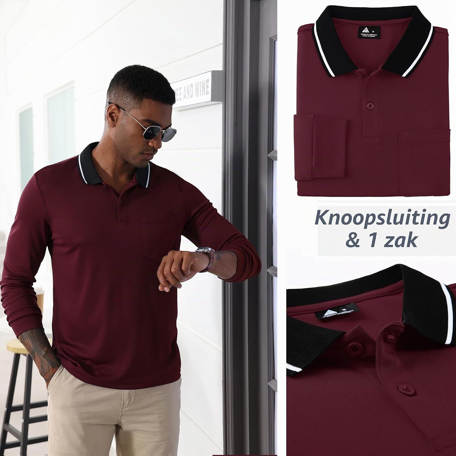 Detalle 2 de JACKETOWN herenpoloshirt met lange mouwen, ademend voor golf en dagelijks gebruik