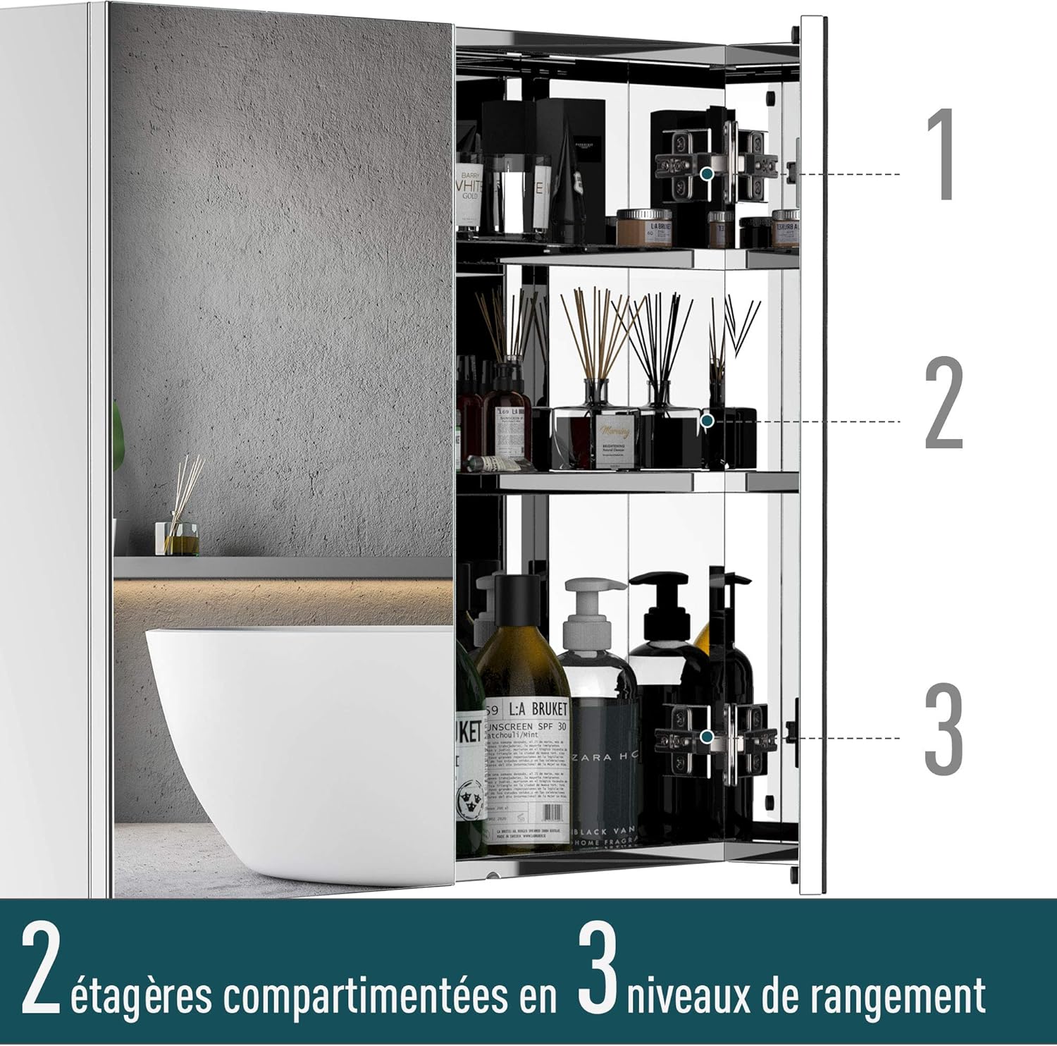 Thumbnail 5 de HOMCOM Armoire miroir en acier inoxydable 2 portes avec rangements pour salle de bain (60 x 12 x 55 cm)