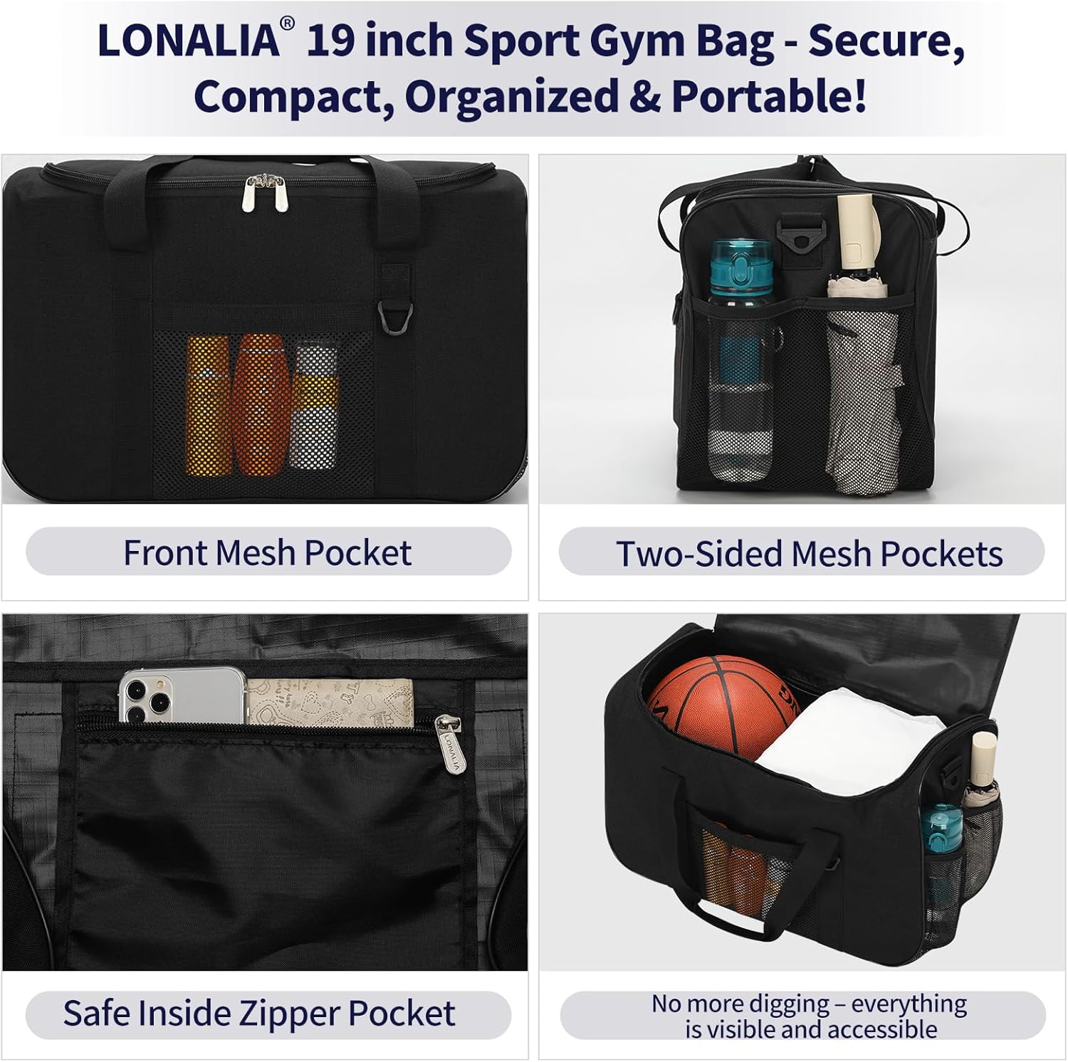 Thumbnail 3 de LONALIA Sac de Sport 34L – 48x25x28 cm, noir: compact et polyvalent
