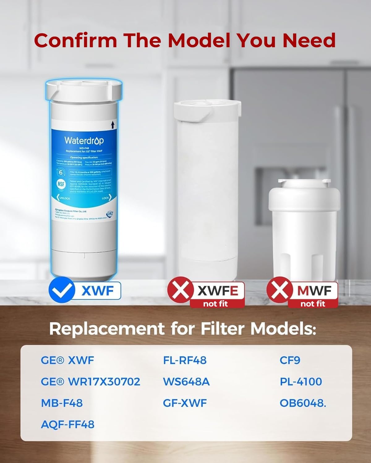 Detalle de Waterdrop WD-F48 XWF Refrigerator Water Filter, 3-Pack, No Chip