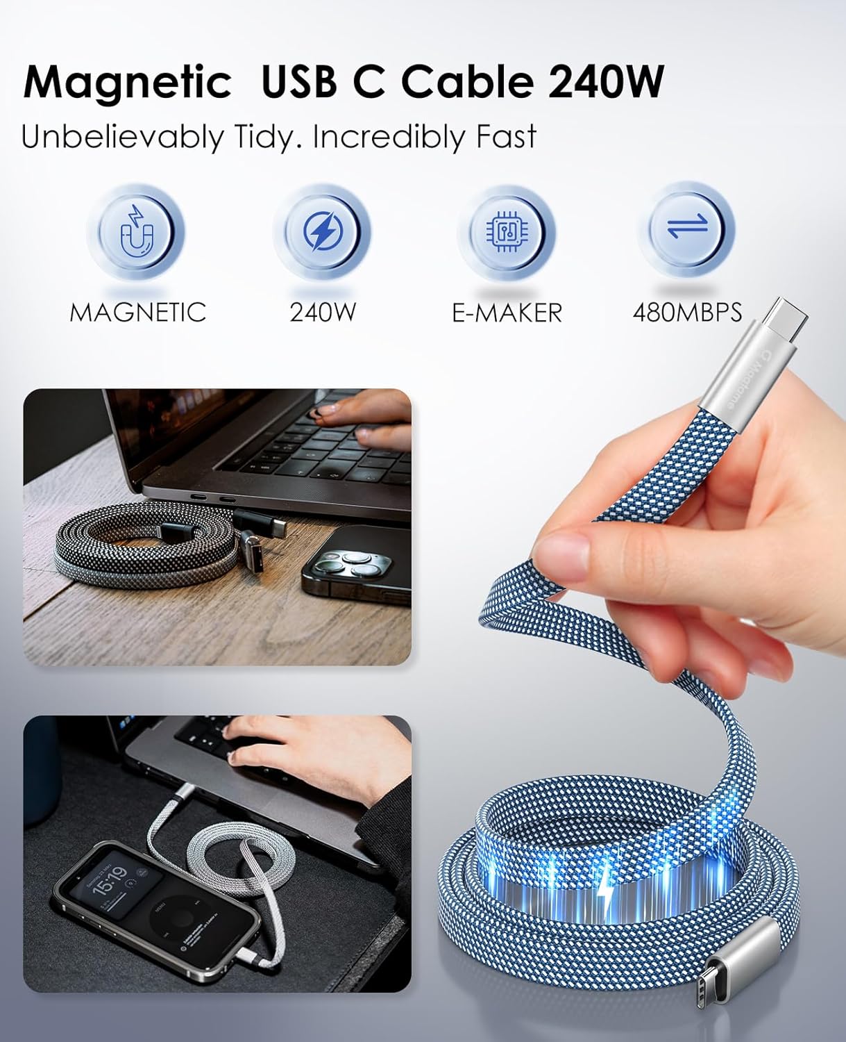 Thumbnail 1 de Magtame Flat 240W Magnetic USB-C to USB-C Cable (1.5m, 5A) – fast charging and neat cable storage