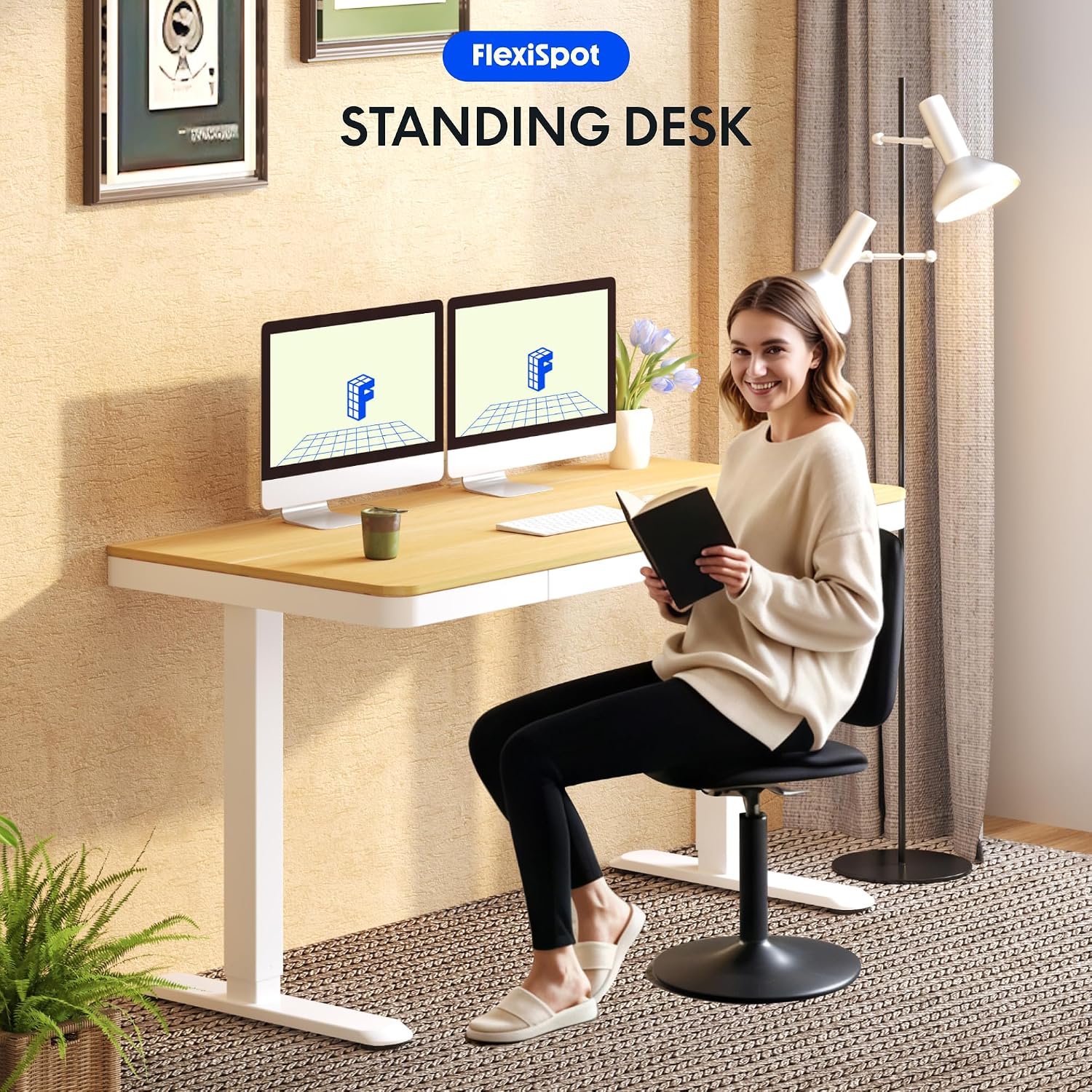 Detalle de FLEXISPOT Electric Standing Desk, 120 x 60 cm Maple Top with Drawer and Memory