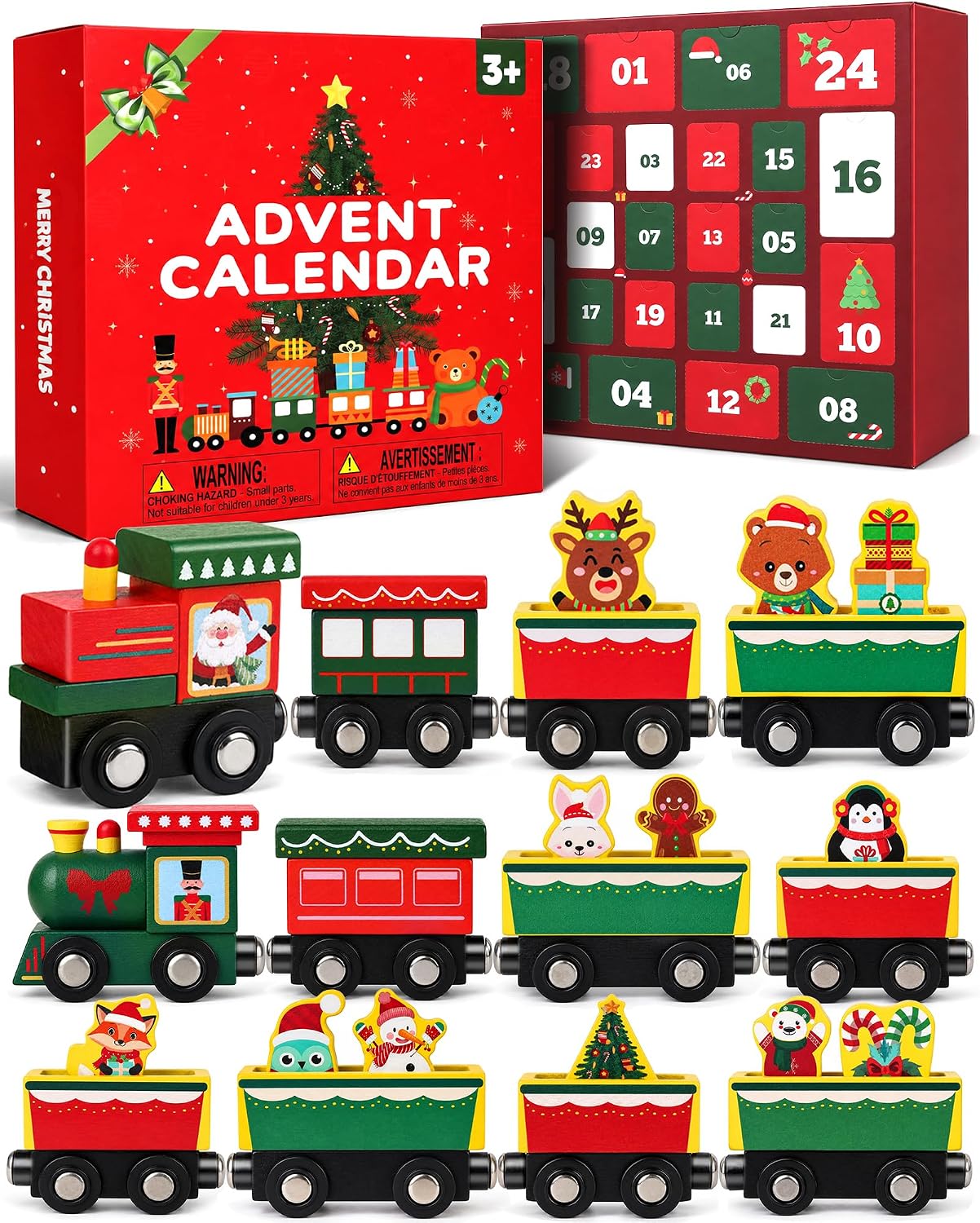 Detalle de Doviden MZ21 houten trein-adventskalender 2026 met magnetische wagons