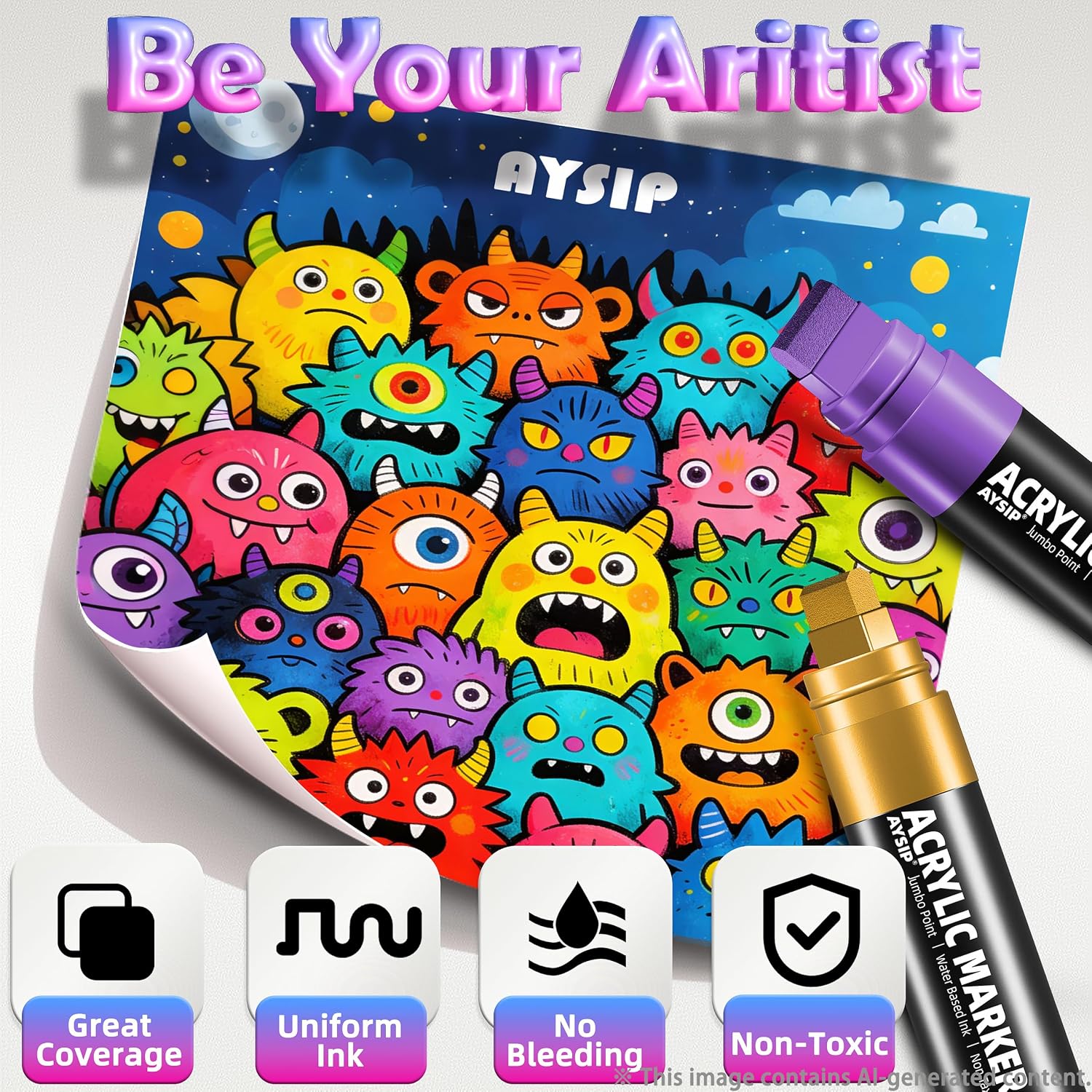Detalle 2 de AYSIP 12-Color Jumbo Acrylic Paint Markers, 15mm Wide Tip, Multi-Surface