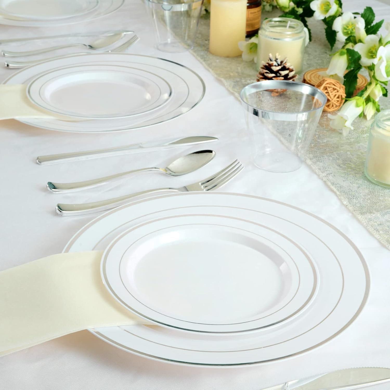 Thumbnail 6 de FOCUSLINE Silver Plastic Plates Set of 60 – 10" Dinner + 7" Salad Plates with Elegant Silver Rim