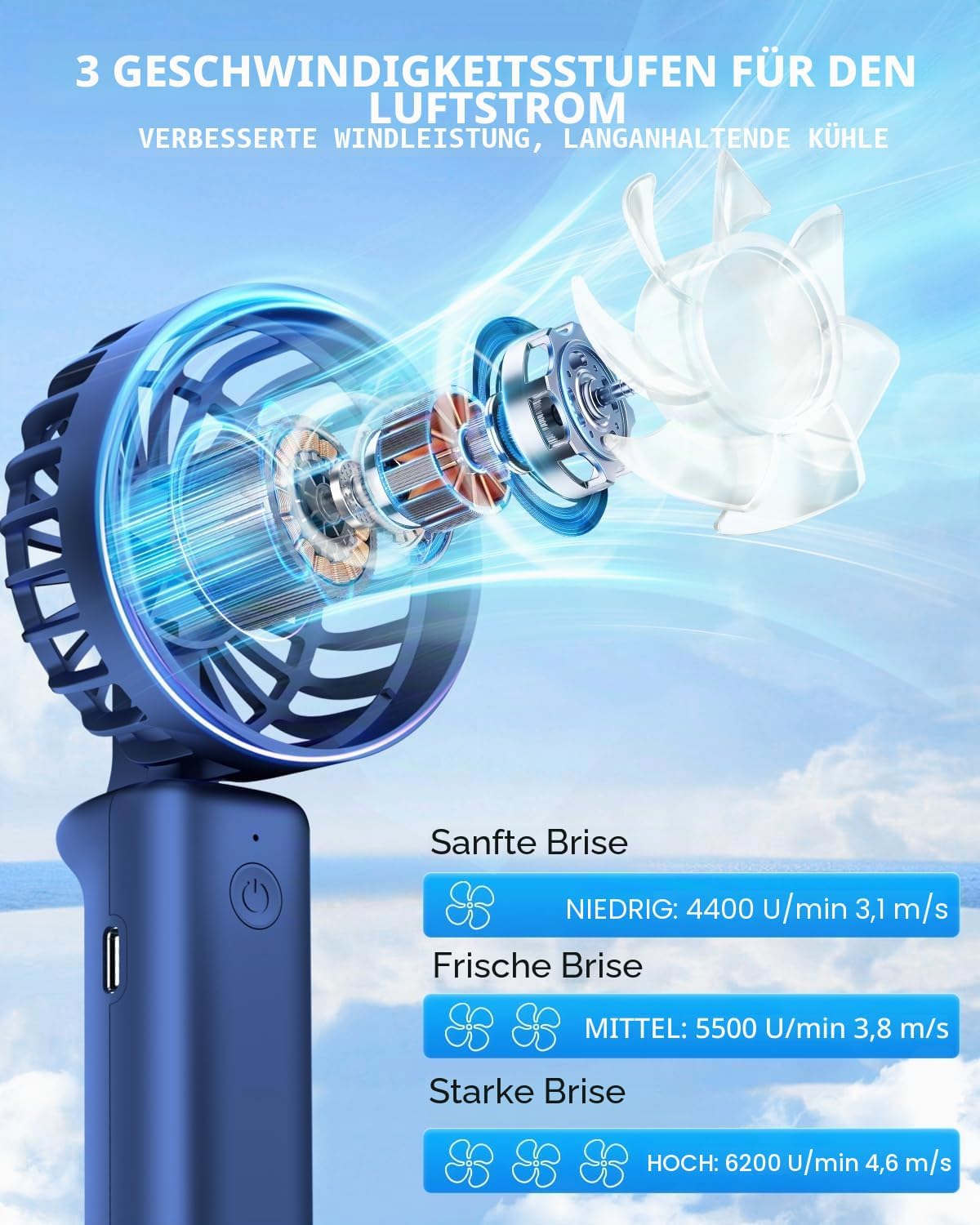 Thumbnail 2 de Hssio Tragbarer Handventilator – kompakter 2-in-1 Ventilator mit 180° Faltbarkeit und 3 Geschwindigkeiten