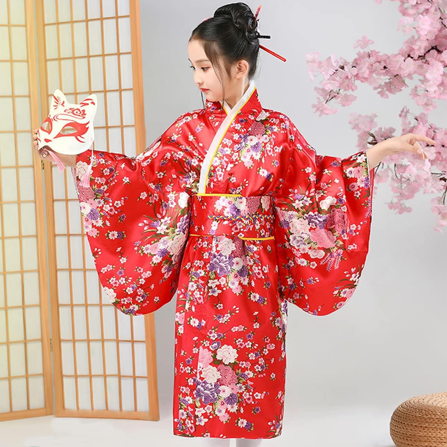 Thumbnail 1 de KRUIHAN Japanse kimono voor meisjes, satijnen yukata met waaier en tabi-sokken