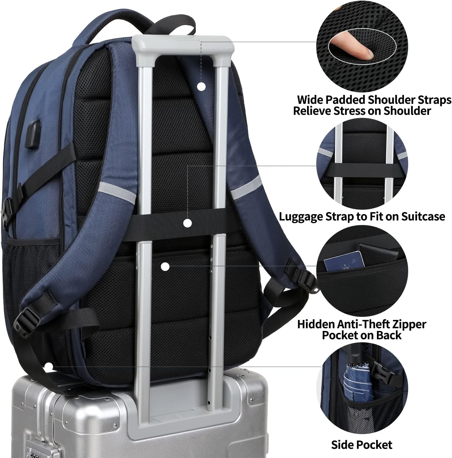 Detalle de WENIG Sac à dos homme pour ordinateur portable 17,3 pouces TSA anti-vol imperméable avec charge USB – Bleu