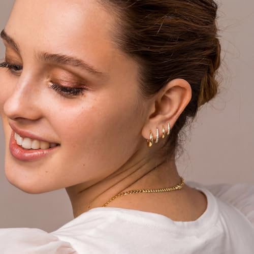 Thumbnail 4 de ATTILA 4 Pairs 14K Gold Plated Hoop Earrings for Women – 8/8/10/12 mm, 925 Silver Posts