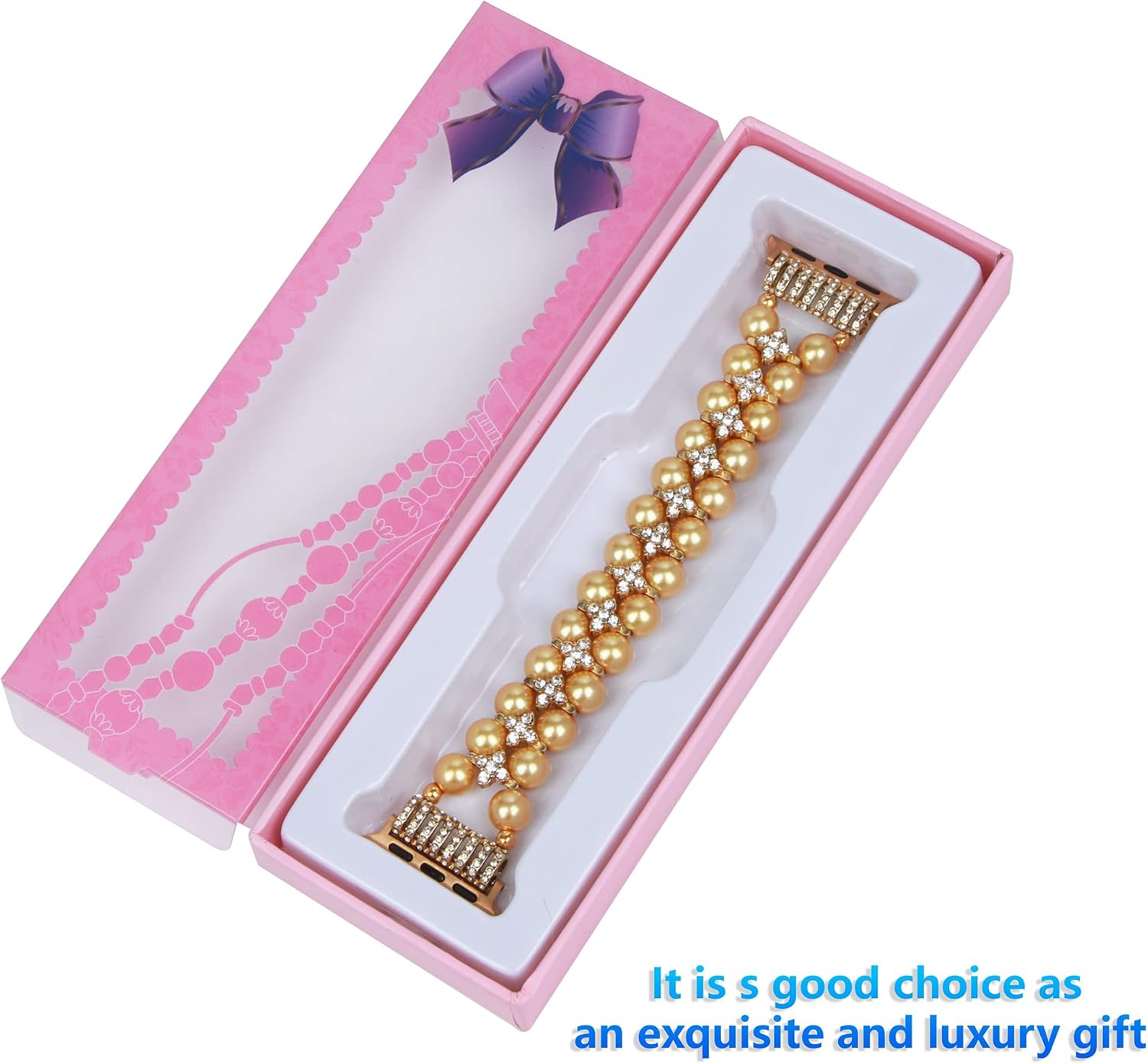 Thumbnail 6 de GEMEK Pearl Bracelet for Apple Watch – Bling Diamond & Pearl Stretch Band (Shiny Gold)