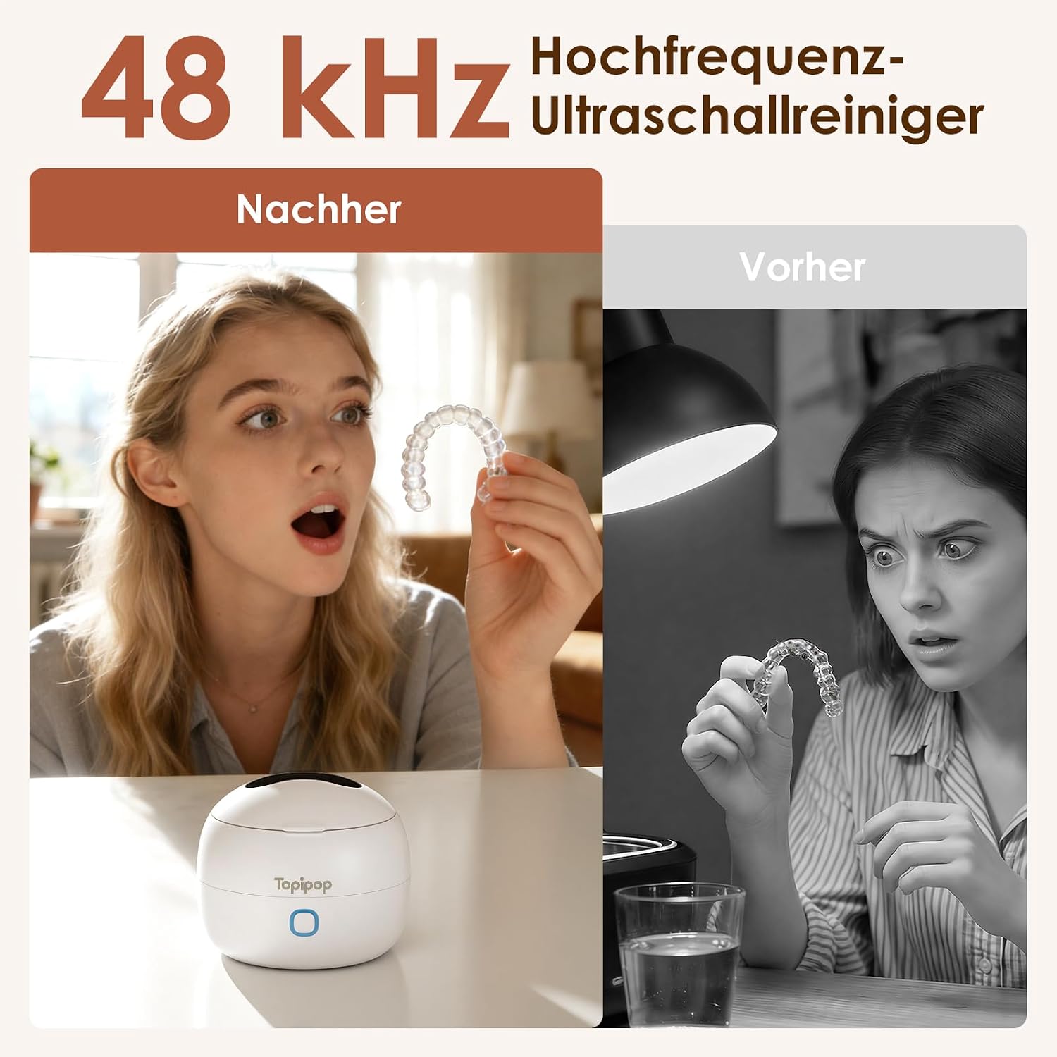 Detalle de Ultraschallreinigungsgerät Zahnschiene 45 kHz inkl. UV‑Sterilisation, 200-ml-Dental Pod mit 3 Modi (Weiß)