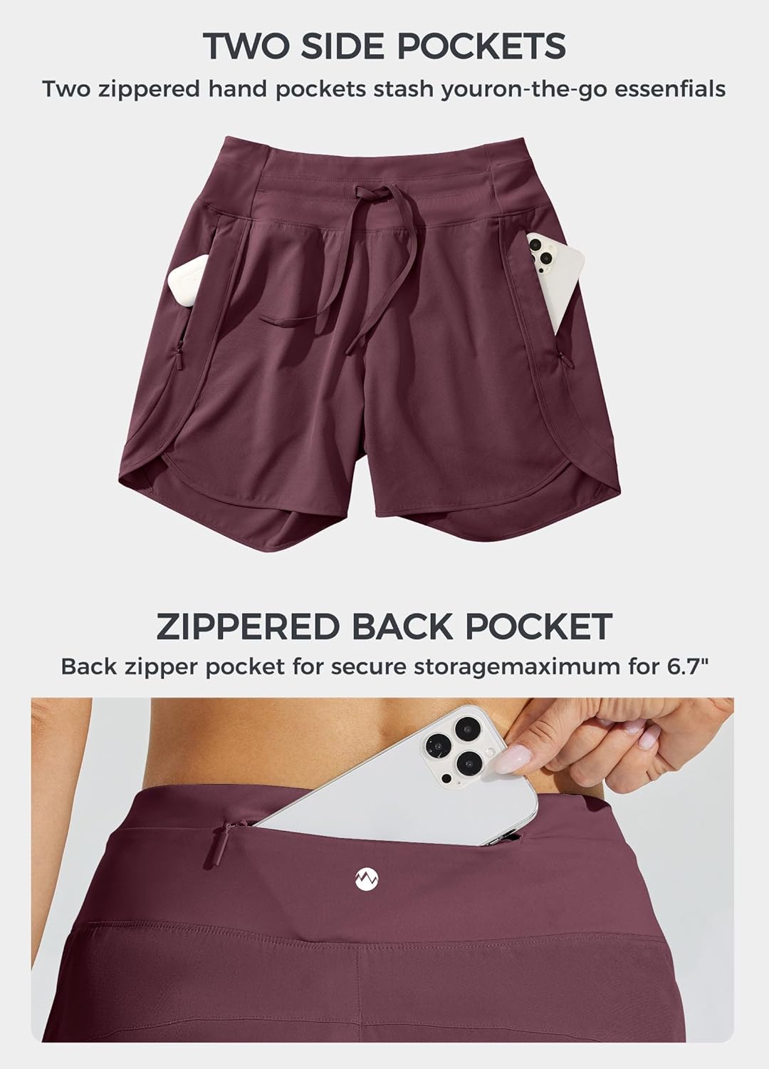 Detalle de Willit Women's Athletic Running Shorts 5" with 3-Point Zipper Pockets