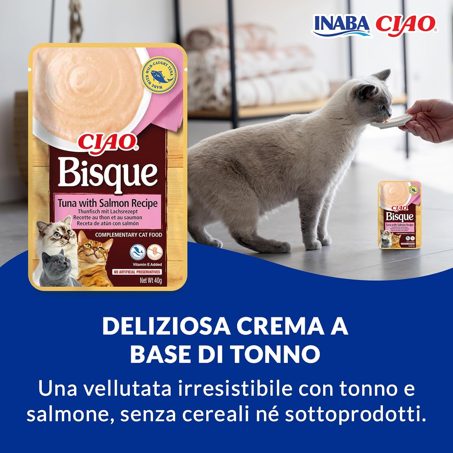 Detalle de INABA CIAO Bisque di Tonno con Salmone – Cibo Umido per Gatti, 12 Buste x 40 g (Crema Sana e Umidità Elevata)