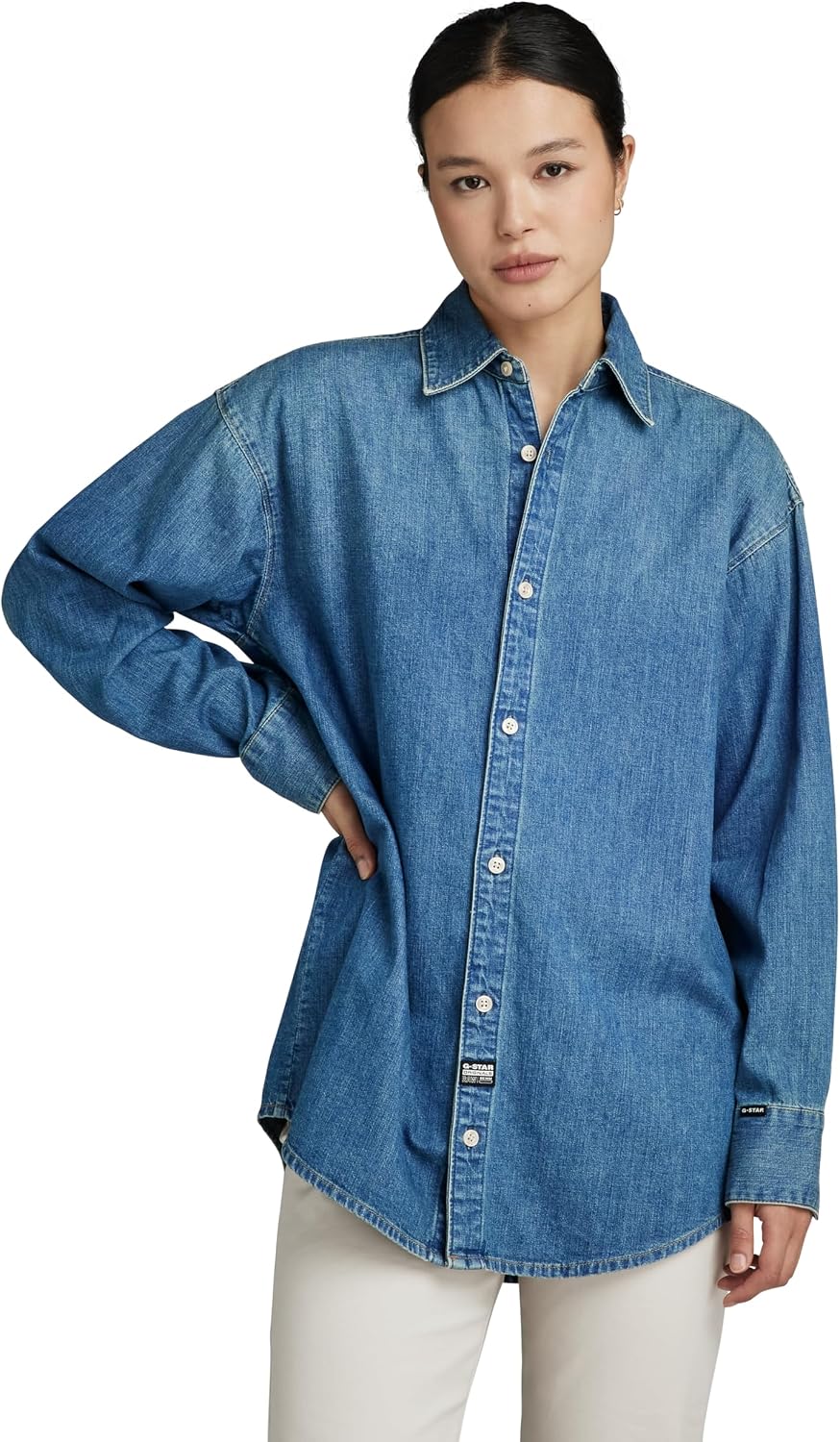 Detalle de G-Star Relaxed Denim Shirt Pocketless Magliette Donna: camicia denim senza tasche, comoda e d’impatto