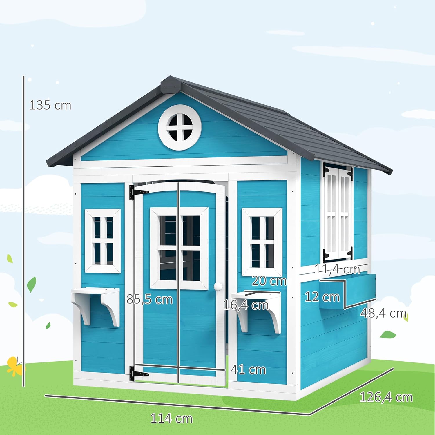 Thumbnail 6 de Outsunny Cabane Enfant extérieur Bleu – Maison de jeu avec porte, fenêtres et jardinières (114 × 126,4 × 135 cm)