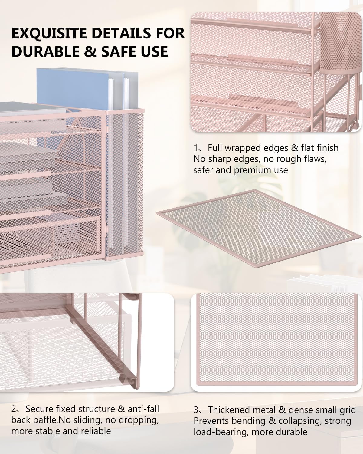 Detalle 1 de WALI DO005DH-P 4-Tier Desktop File Organizer with Drawer and Pen Holders, Pink