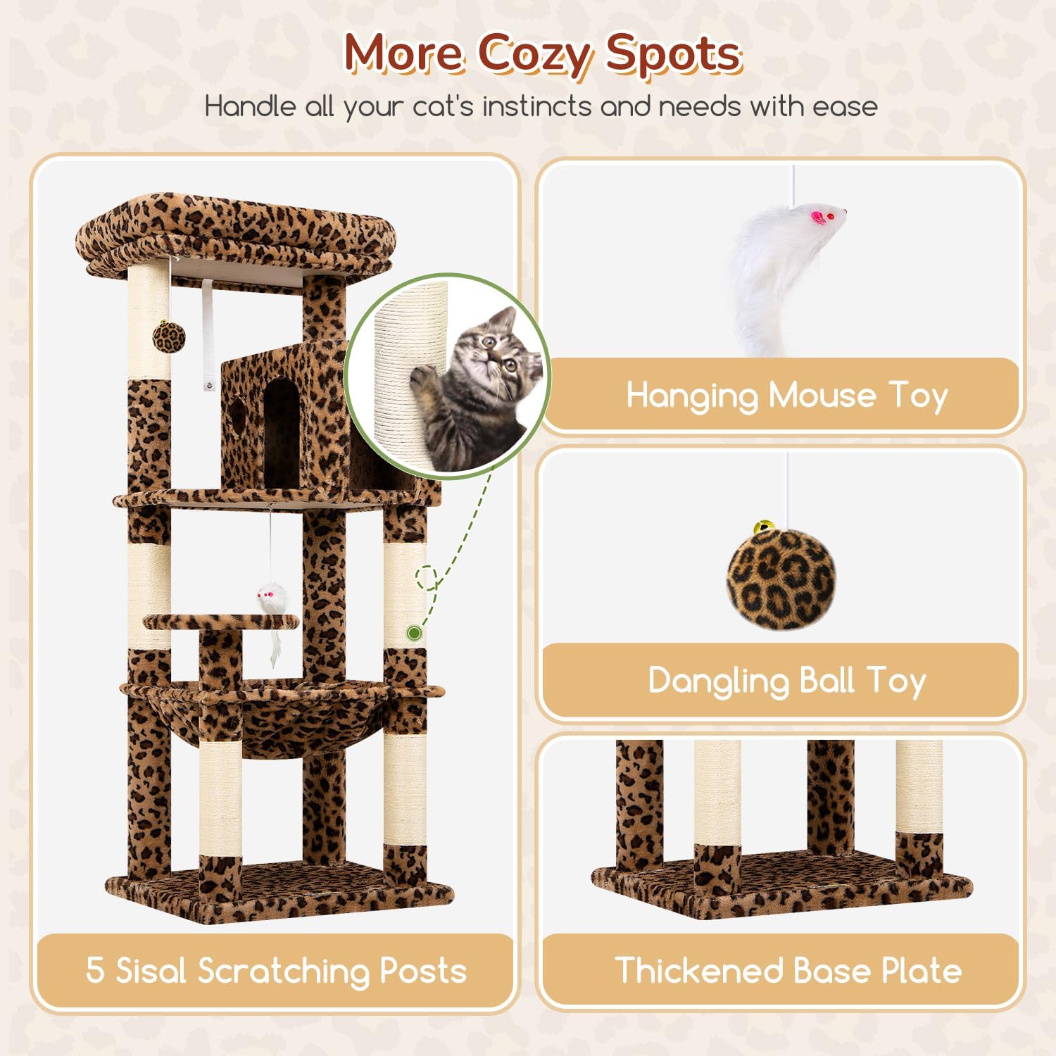 Detalle 1 de Globlazer F53 Leopard Print Cat Tree with Sisal Posts, Hammock and Condo