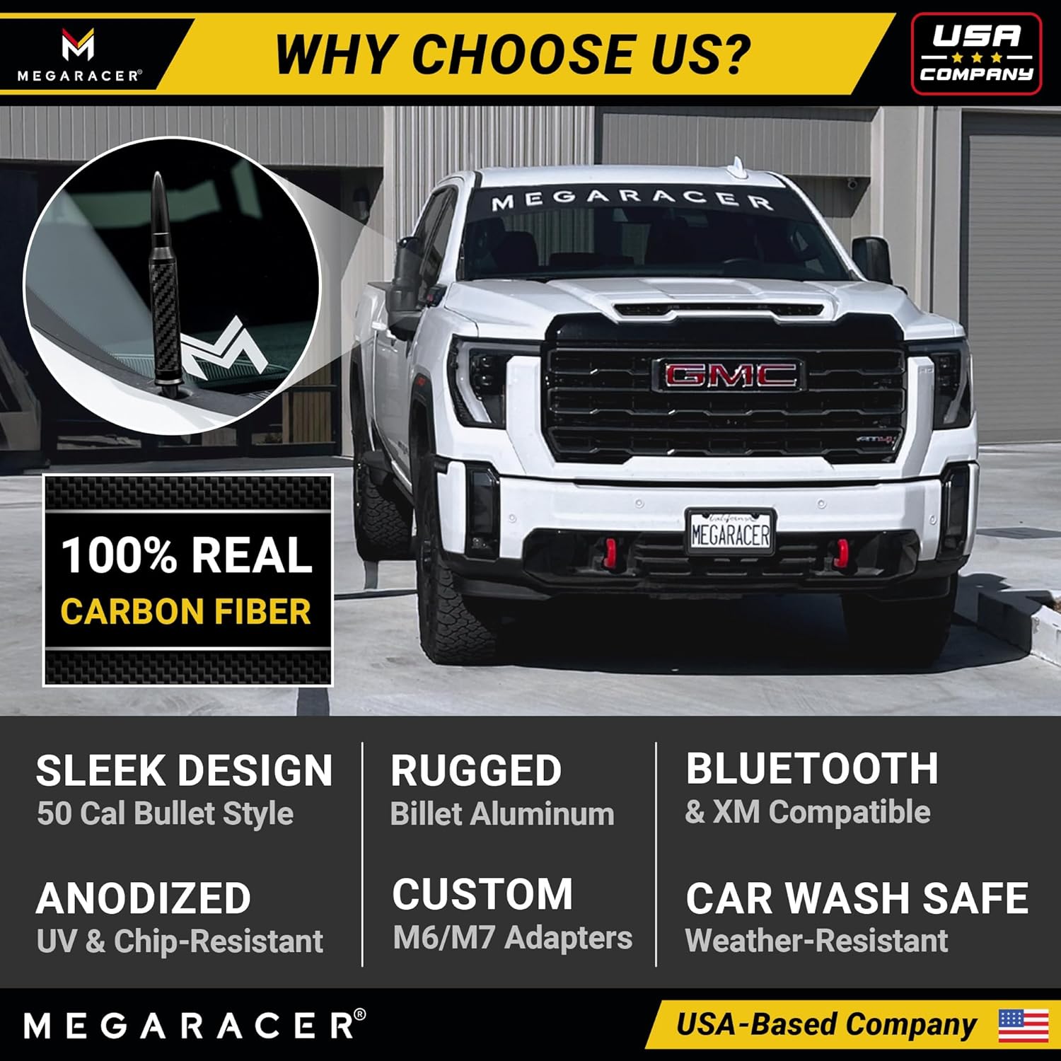 Thumbnail 4 de Anodized Black Carbon Fiber 50 Cal Bullet Antenna for Chevy Silverado & GMC Sierra (1999-2026) – Billet Aluminum Short Replacement