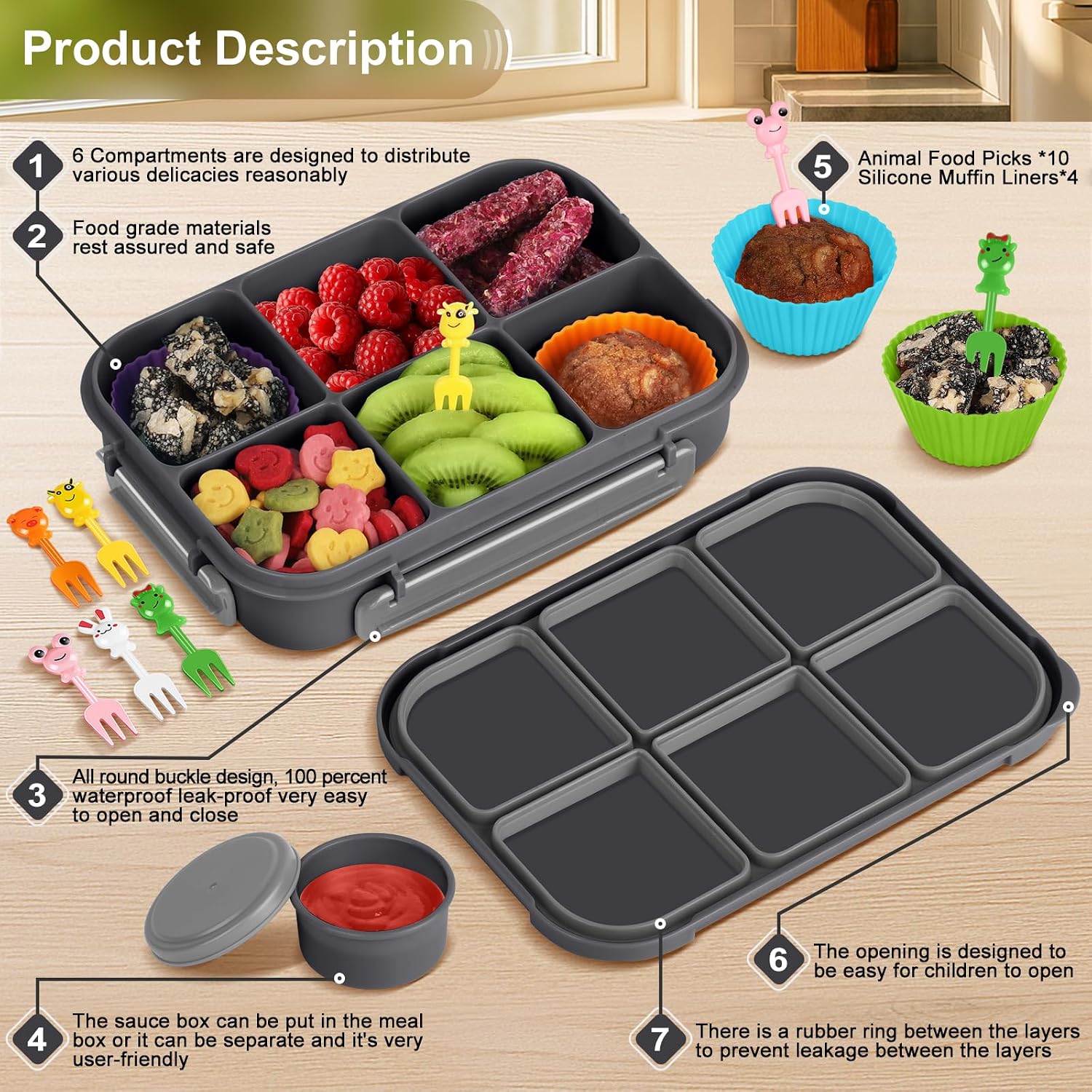 Detalle de Amathley Kids Bento Lunch Box (6 Compartments) with Sauce Cup, Food Picks & Muffin Cups – Dark Gray