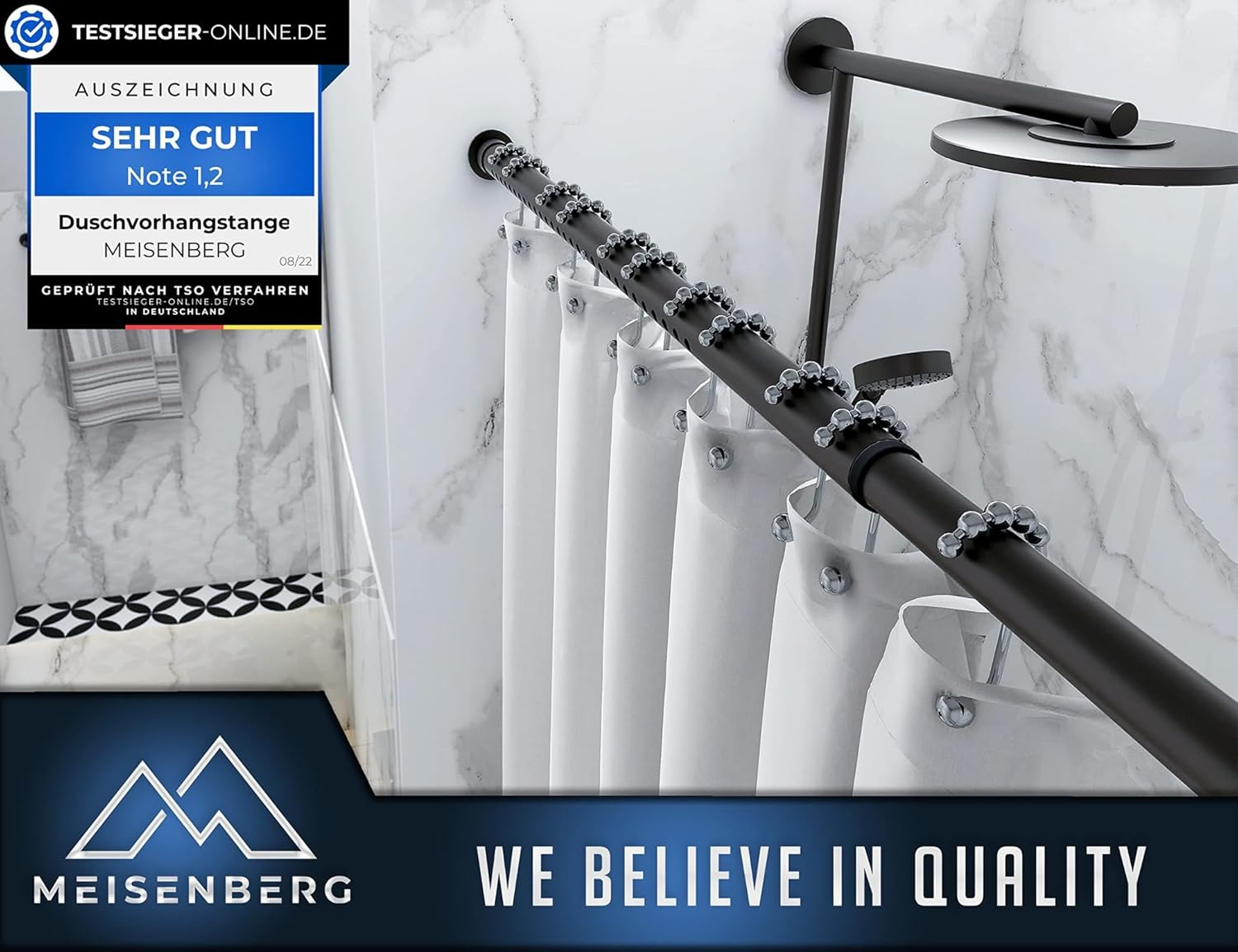 Thumbnail 6 de MEISENBERG tringle rideau de douche télescopique sans perçage 260–310 cm, noir mat, Ø 32 mm