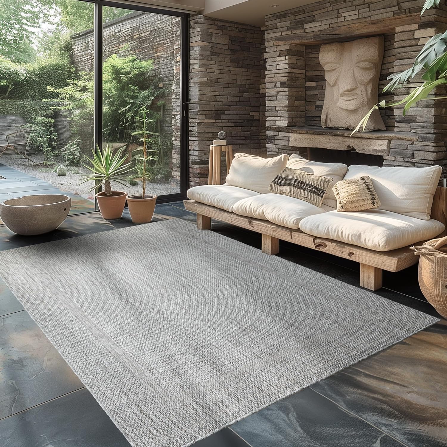 Thumbnail 1 de Outdoor Teppich Wetterfest Silber, 280 × 370 cm – Flachgewebe Sisal-Look für Terrasse, Balkon oder Küche